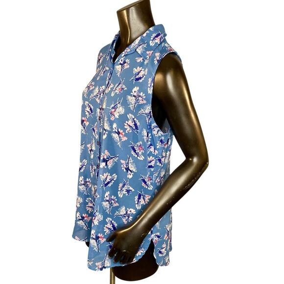 Attention Blue Floral Sleeveless Blouse Womens Size Large Lightweight Semi Sheer - Picture 2 of 6